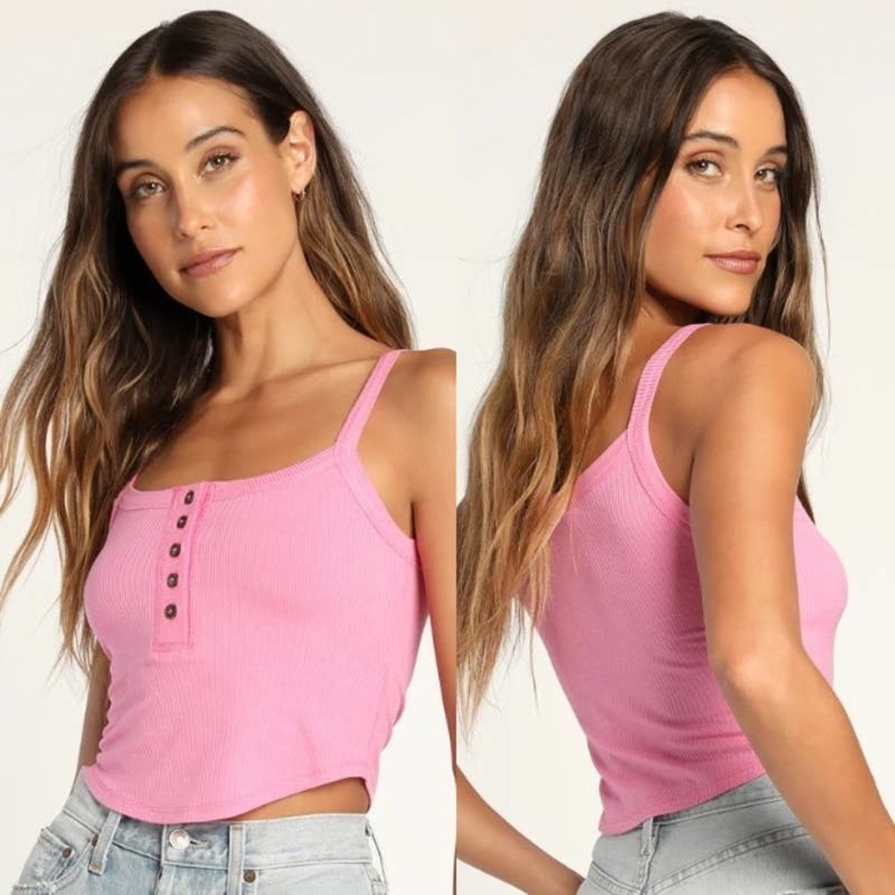 Lulus NWT Simply The Best Button-Front Ribbed Knit Henley Tank Top Pink Medium